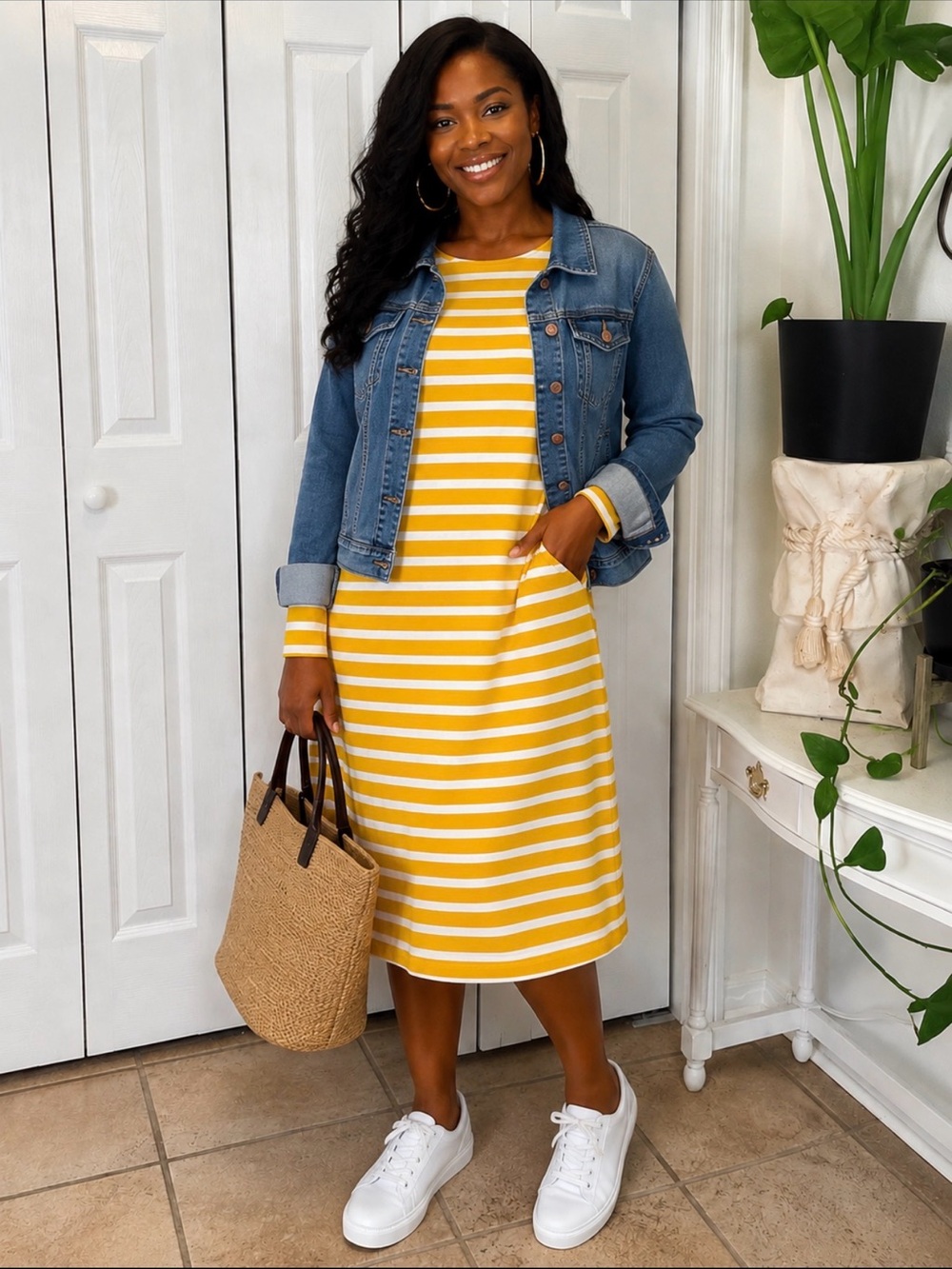 Coastal Chic Preppy Quiet Luxury Resort Wear Yellow & White Midi Dress – Casual